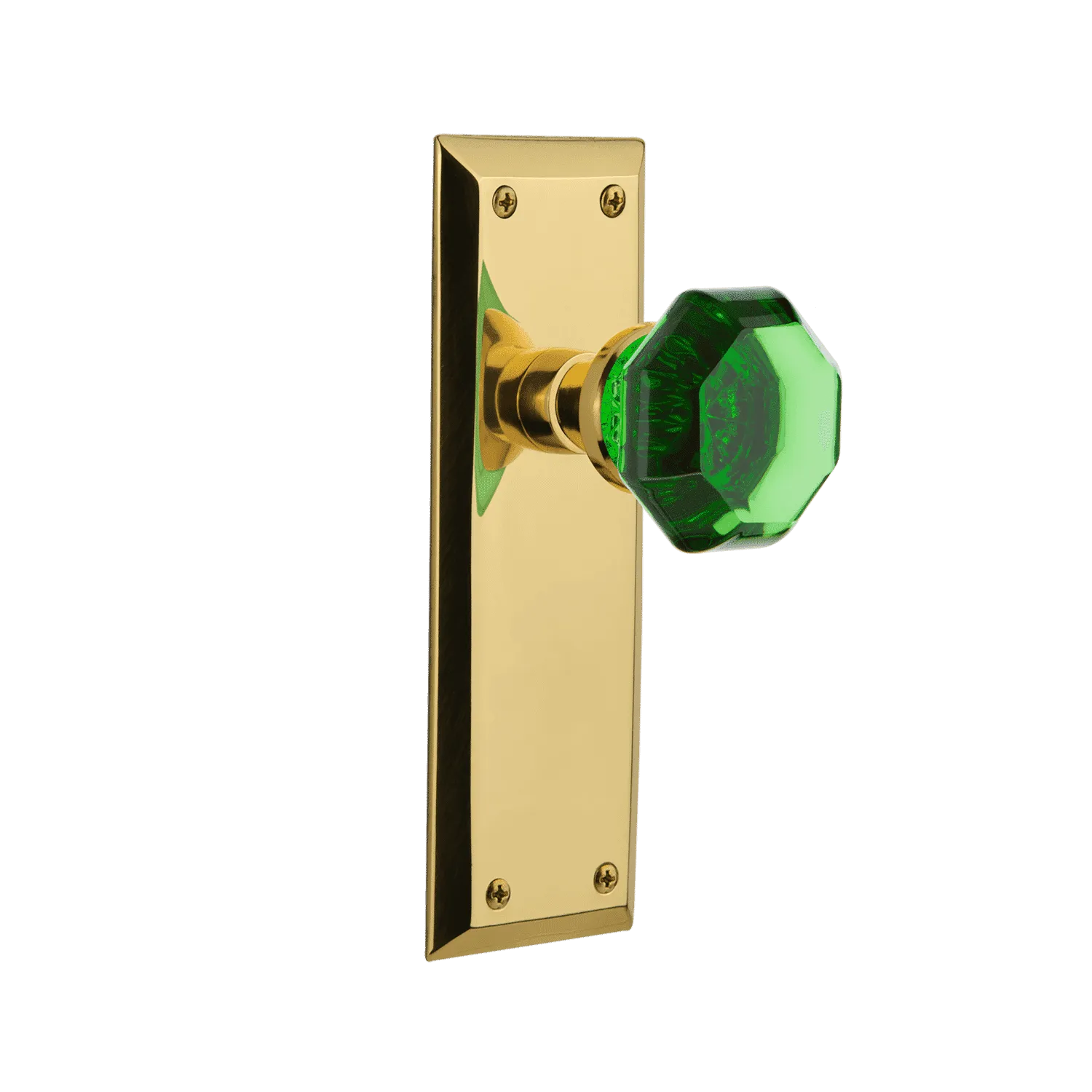 New York Long Plate with Emerald Waldorf Knob in Unlacquered Brass