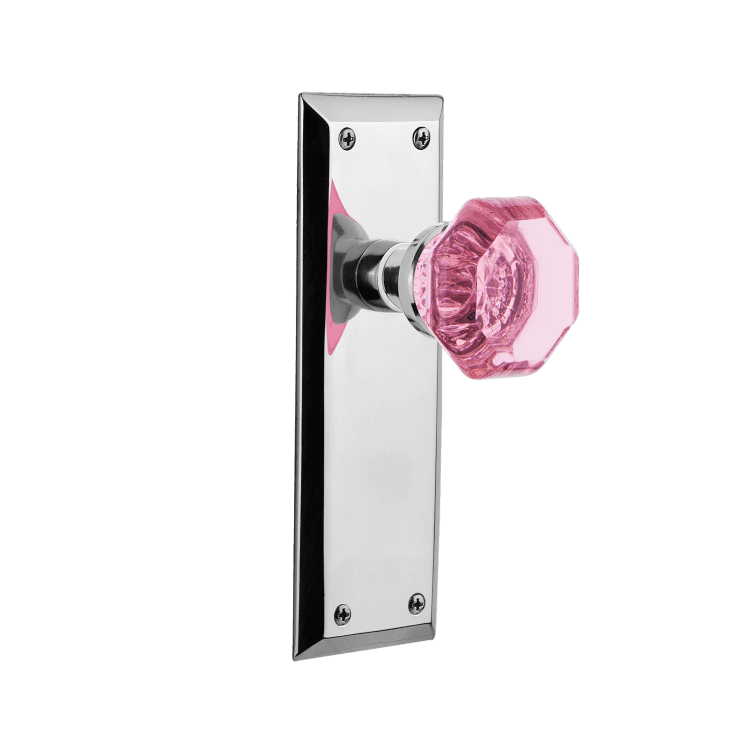 New York Long Plate with Pink Waldorf Knob in Bright Chrome