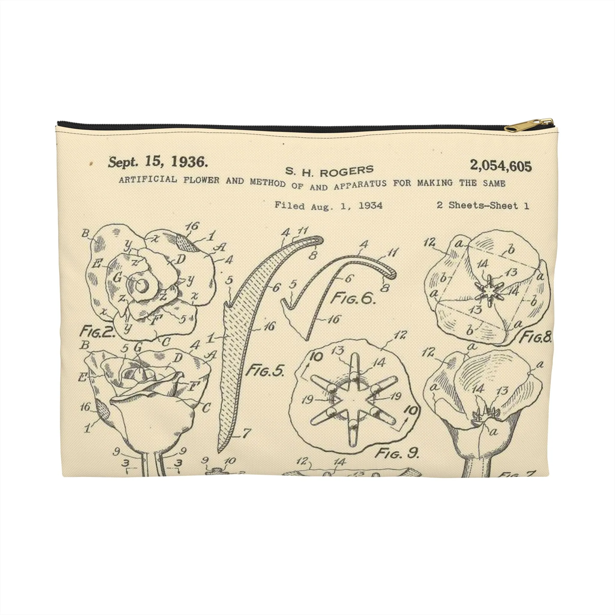 Patent Case File No. 2,054,605, Artificial Flower and Method of and Apparatus for Making the Same, Inventor- Stewart H. Rogers. - DPLA - ffbbbc6a0556e6406954e2be06fe50d6 (page 6) Large Organizer Pouch with Black Zipper