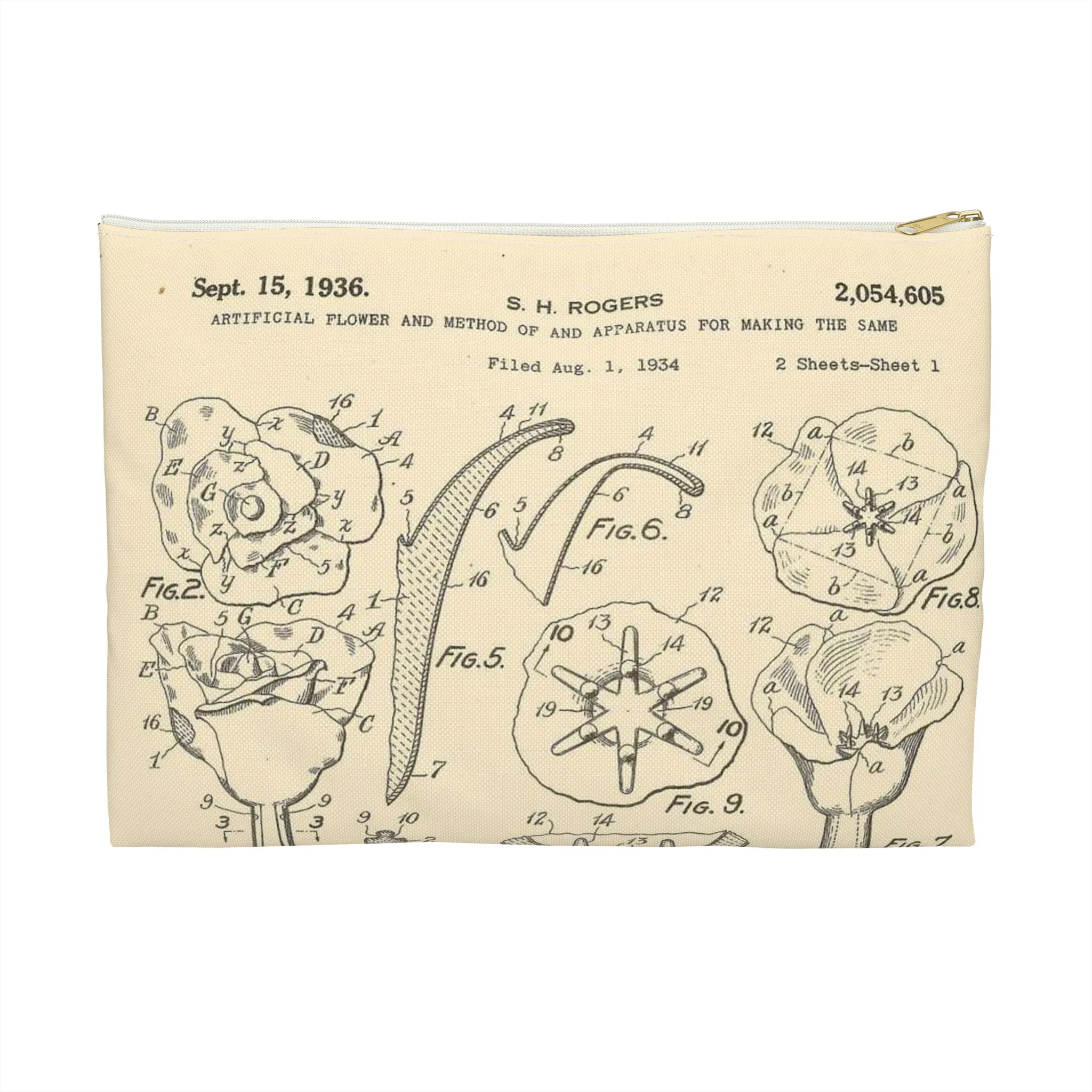 Patent Case File No. 2,054,605, Artificial Flower and Method of and Apparatus for Making the Same, Inventor- Stewart H. Rogers. - DPLA - ffbbbc6a0556e6406954e2be06fe50d6 (page 6) Large Organizer Pouch with Black Zipper