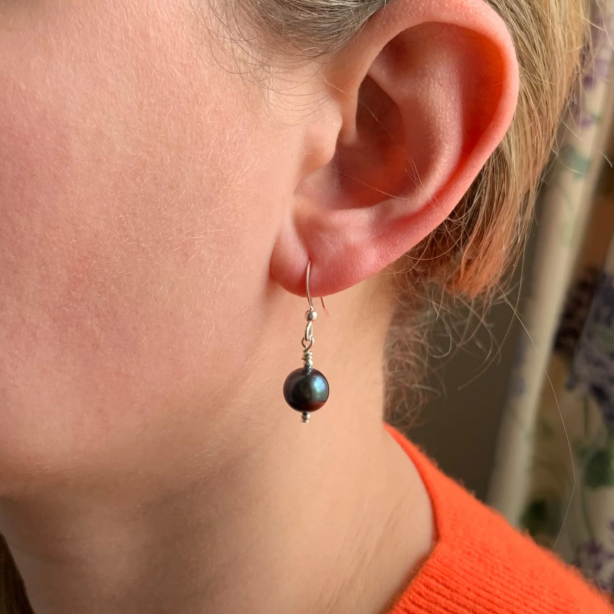 Pearl earrings with small freshwater natural black round pearl drops on silver or gold hooks