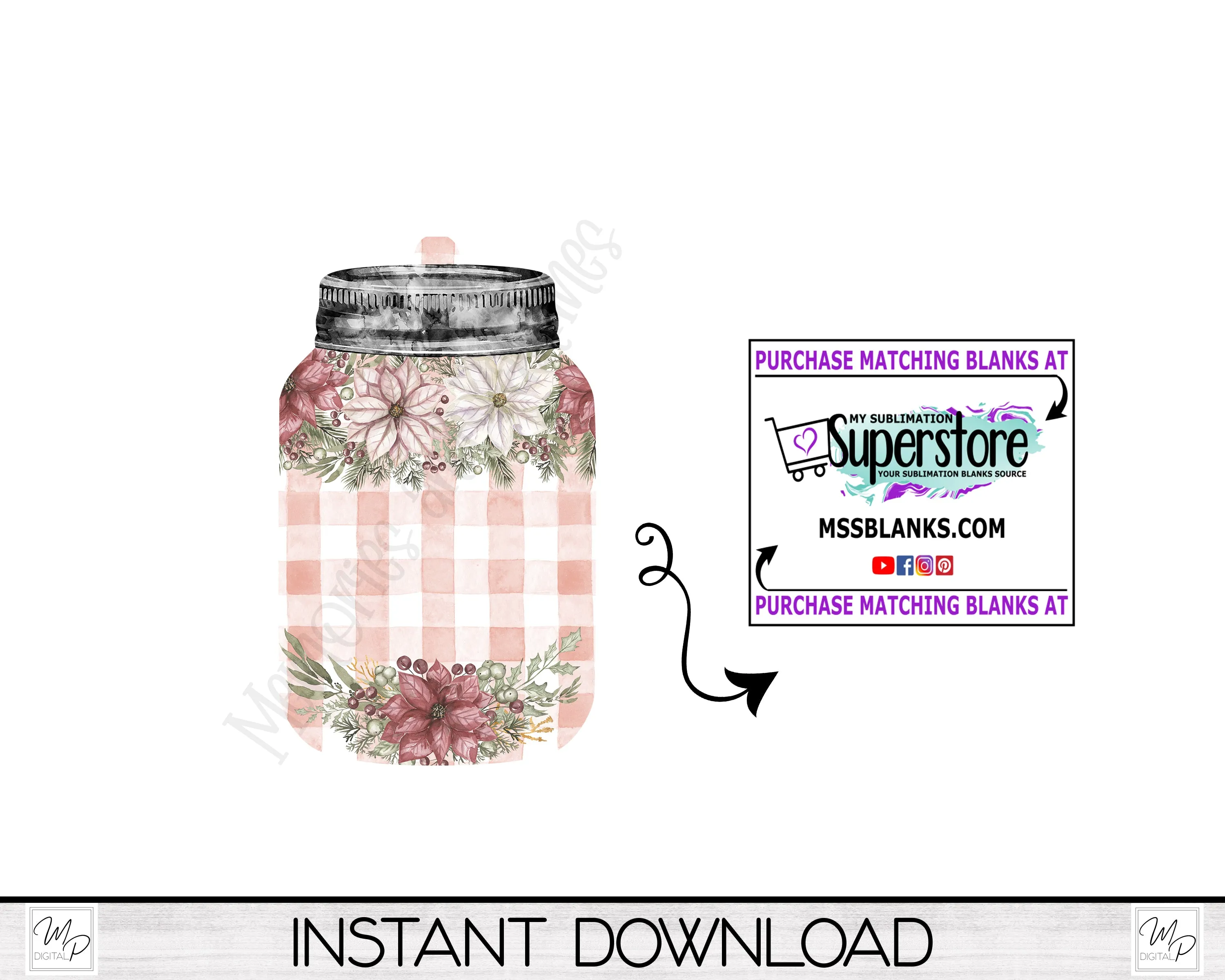 Pink Poinsettia Mason Jar Christmas Liquor Bottle Holder, Ornament PNG for Sublimation, Digital Download Design