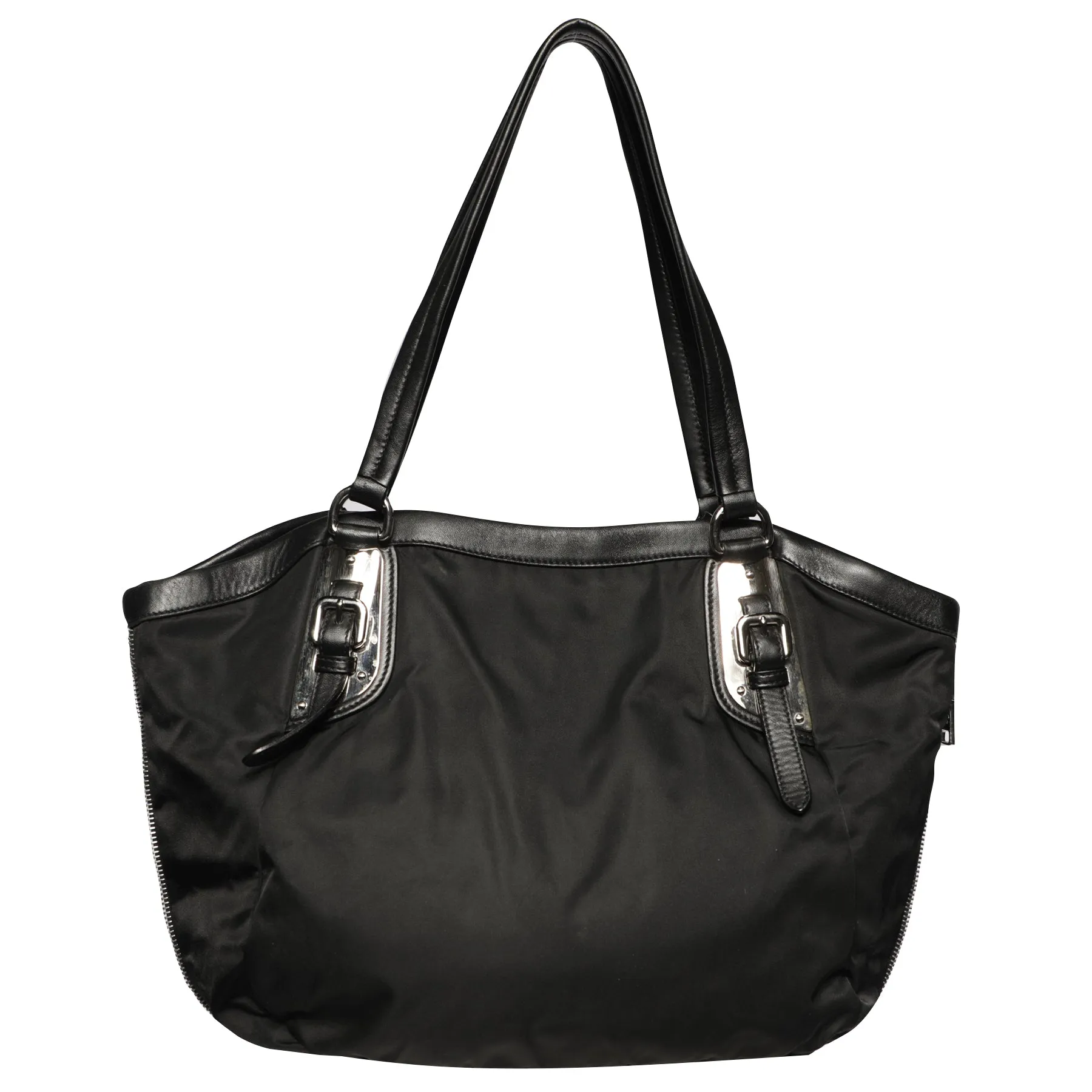 Prada Nylon Zipper Leather Shoulder Tote Hobo Bag