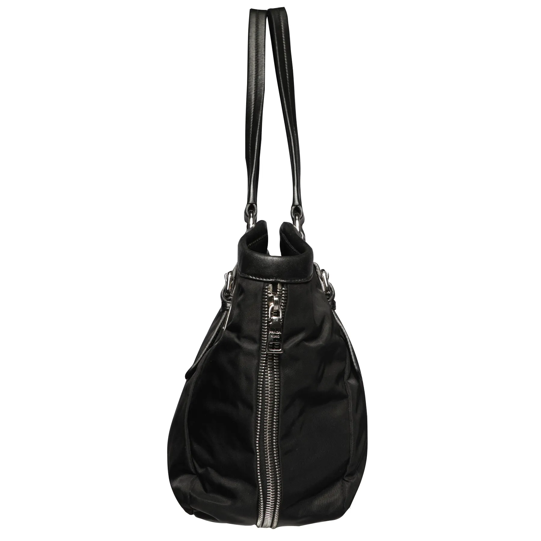 Prada Nylon Zipper Leather Shoulder Tote Hobo Bag