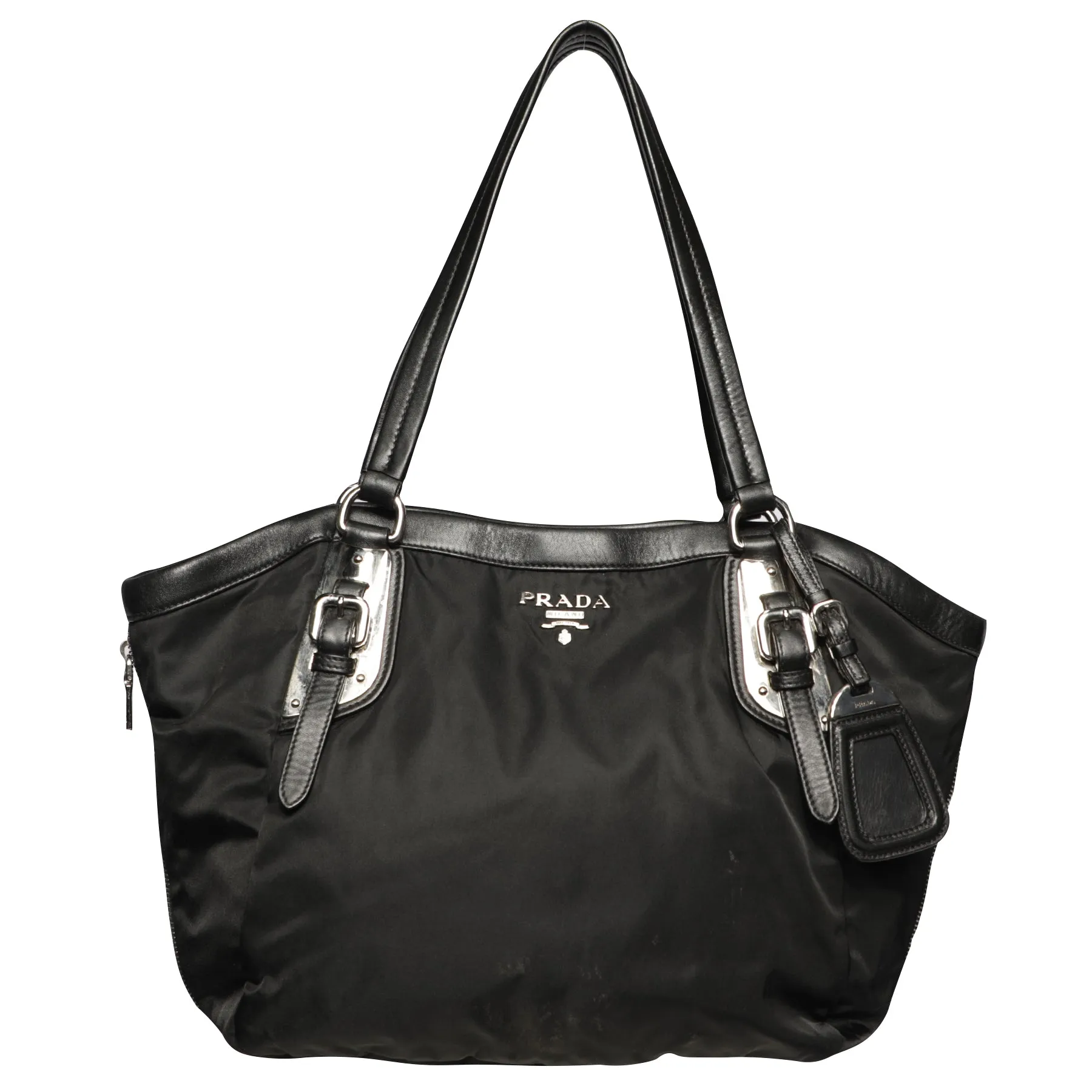 Prada Nylon Zipper Leather Shoulder Tote Hobo Bag