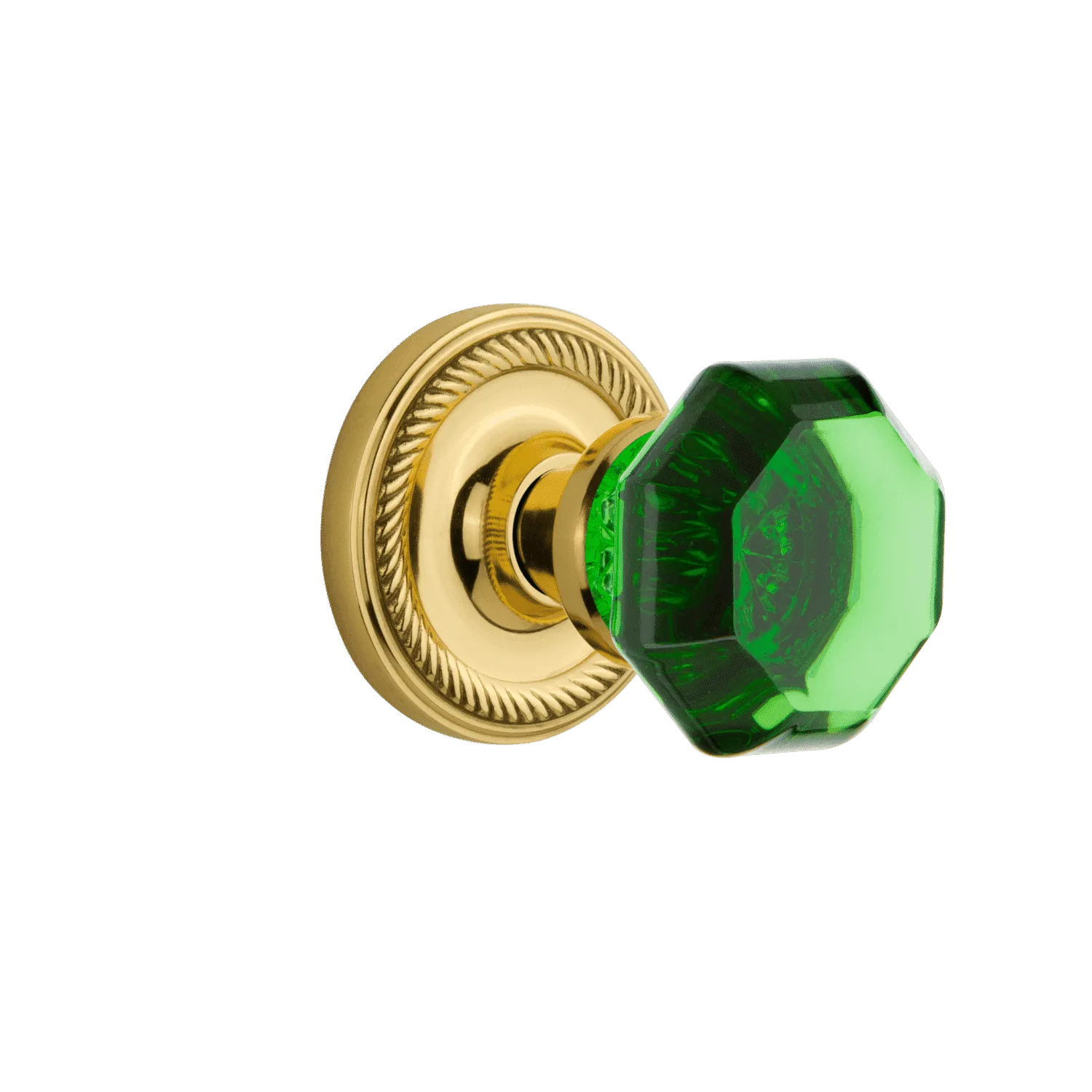 Rope Rosette with Emerald Waldorf Knob in Polished Brass