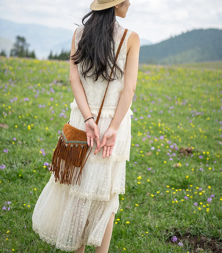 Small Womens Boho Fringe Crossbody Bag Vegan Leather Shoulder Purse