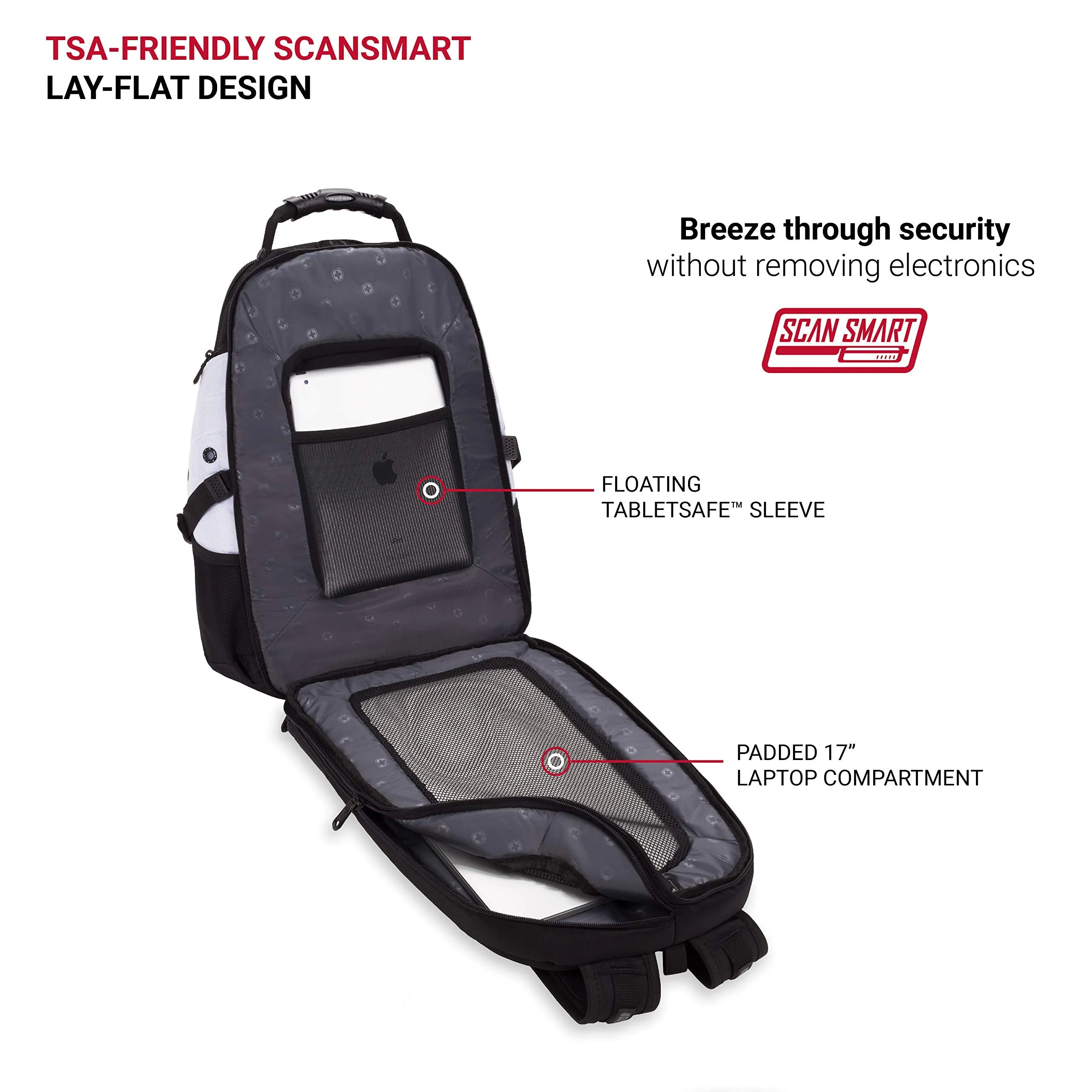 SWISSGEAR Large ScanSmart Laptop Backpack | TSA-Friendly Carry-on | Travel, Work, School | Men's and Women's - Black/White