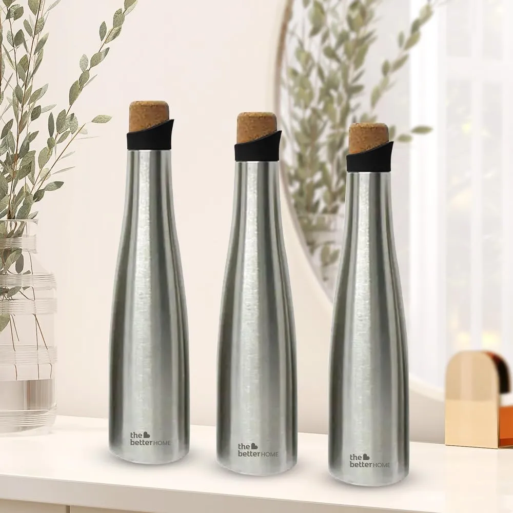 The Better Home Insulated Stainless Steel Water Bottle with Cork Cap | 18 Hours Insulation | Pack of 3-750ml Each | Hot Cold Water for Office School Gym | Leak Proof & BPA Free | Silver Colour