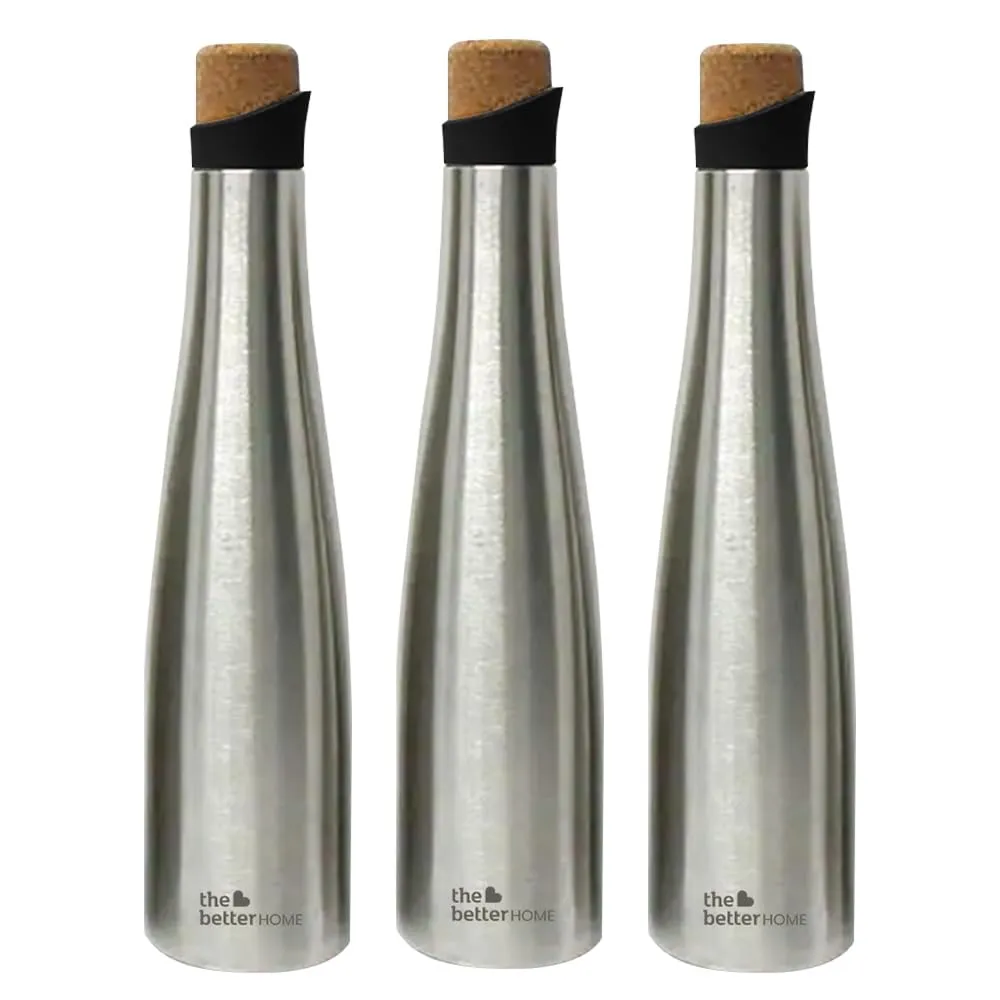 The Better Home Insulated Stainless Steel Water Bottle with Cork Cap | 18 Hours Insulation | Pack of 3-750ml Each | Hot Cold Water for Office School Gym | Leak Proof & BPA Free | Silver Colour