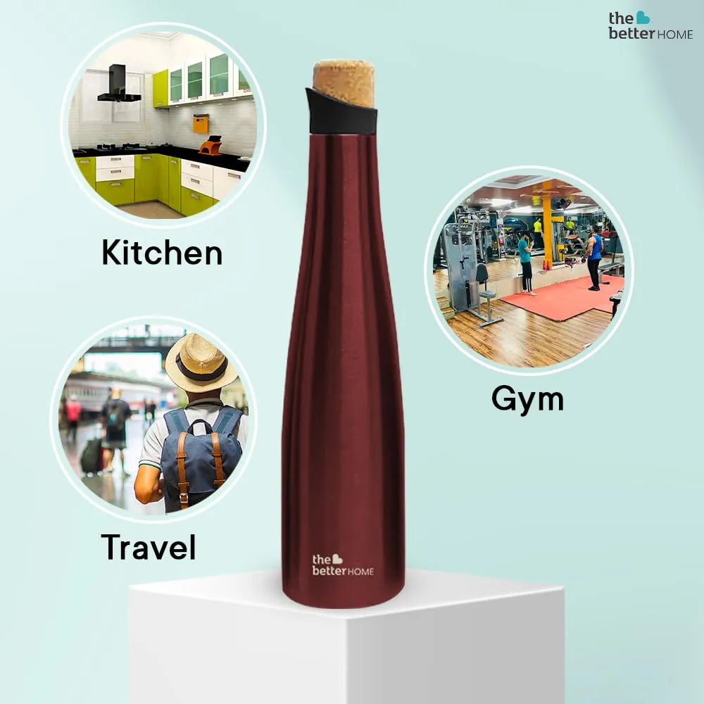 The Better Home Insulated Stainless Steel Water Bottle with Cork Cap | 18 Hours Insulation | Pack of 6-500ml Each | Hot Cold Water for Office School Gym | Leak Proof & BPA Free | Wine Colour