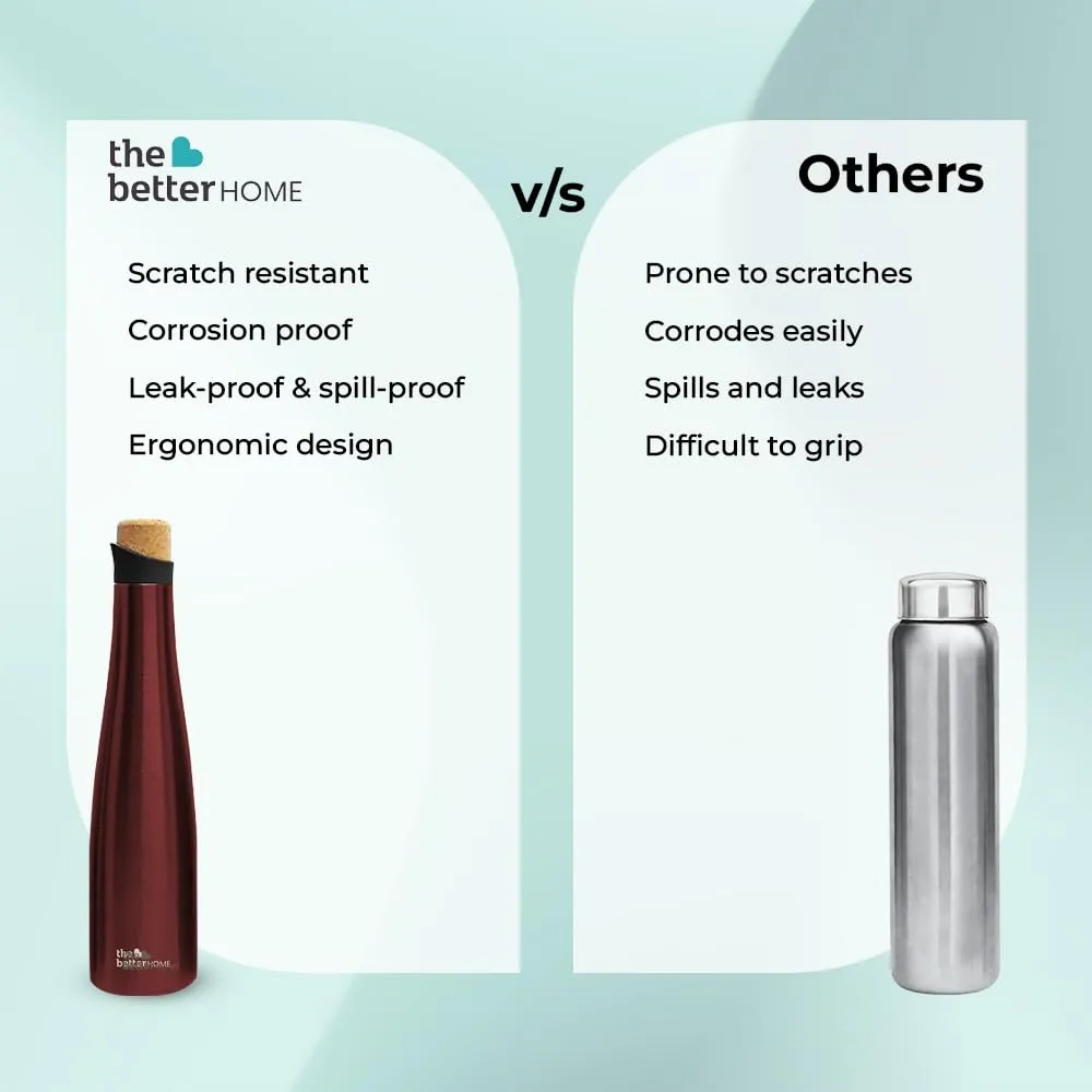 The Better Home Insulated Stainless Steel Water Bottle with Cork Cap | 18 Hours Insulation | Pack of 6-500ml Each | Hot Cold Water for Office School Gym | Leak Proof & BPA Free | Wine Colour
