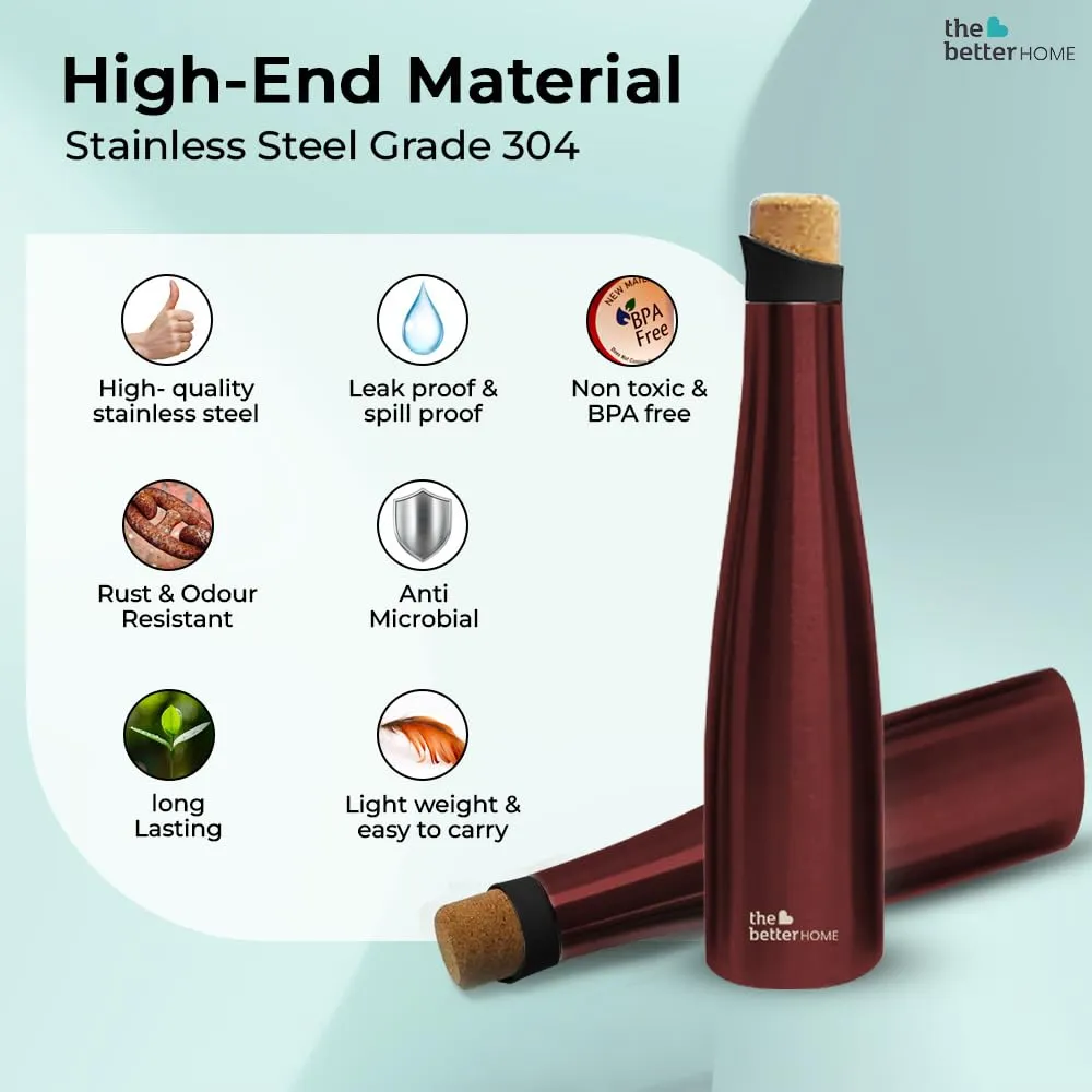 The Better Home Insulated Stainless Steel Water Bottle with Cork Cap | 18 Hours Insulation | Pack of 6-500ml Each | Hot Cold Water for Office School Gym | Leak Proof & BPA Free | Wine Colour