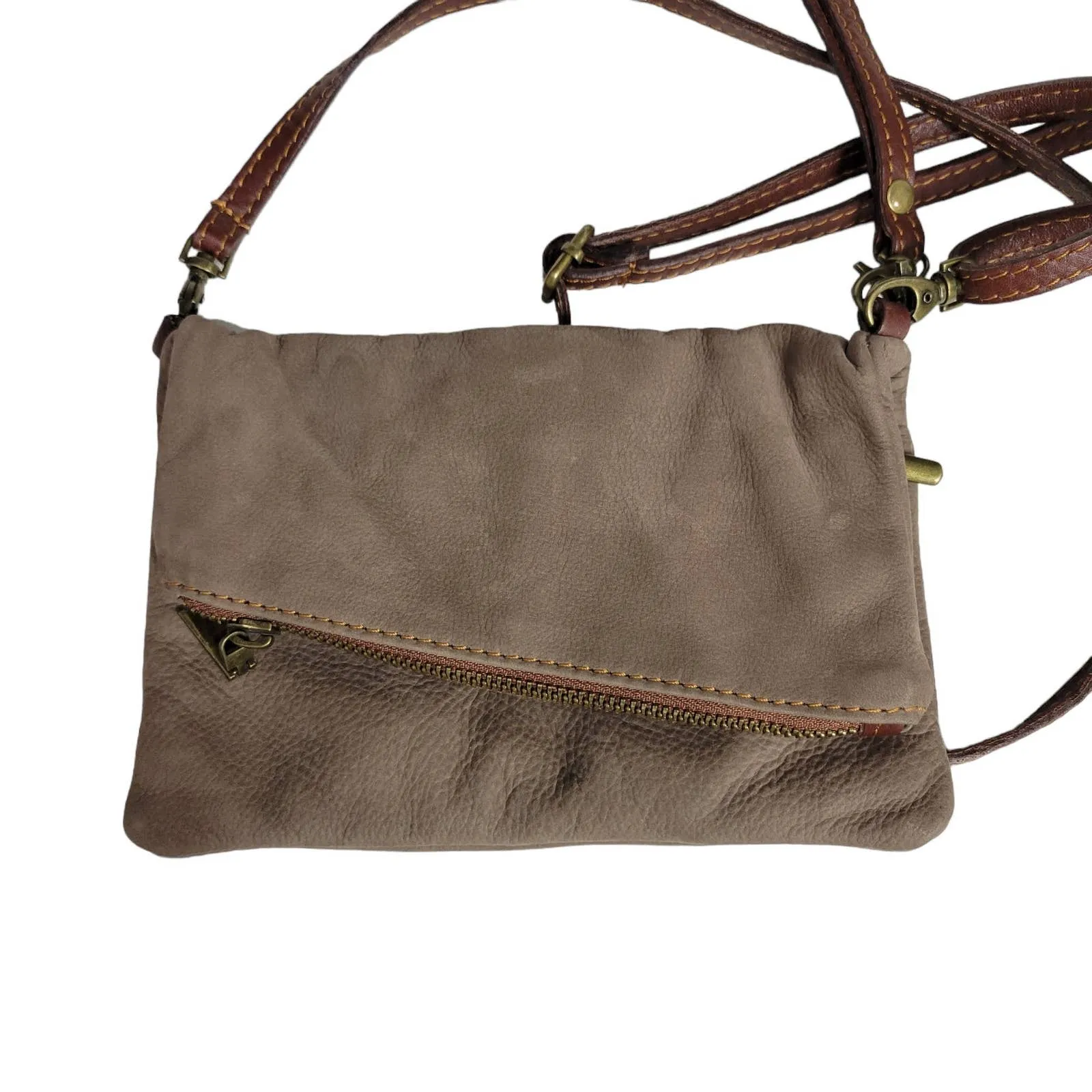 Toscana Foldover Convertible Bag Crossbody Brown Leather Minimalist Clutch Pouch