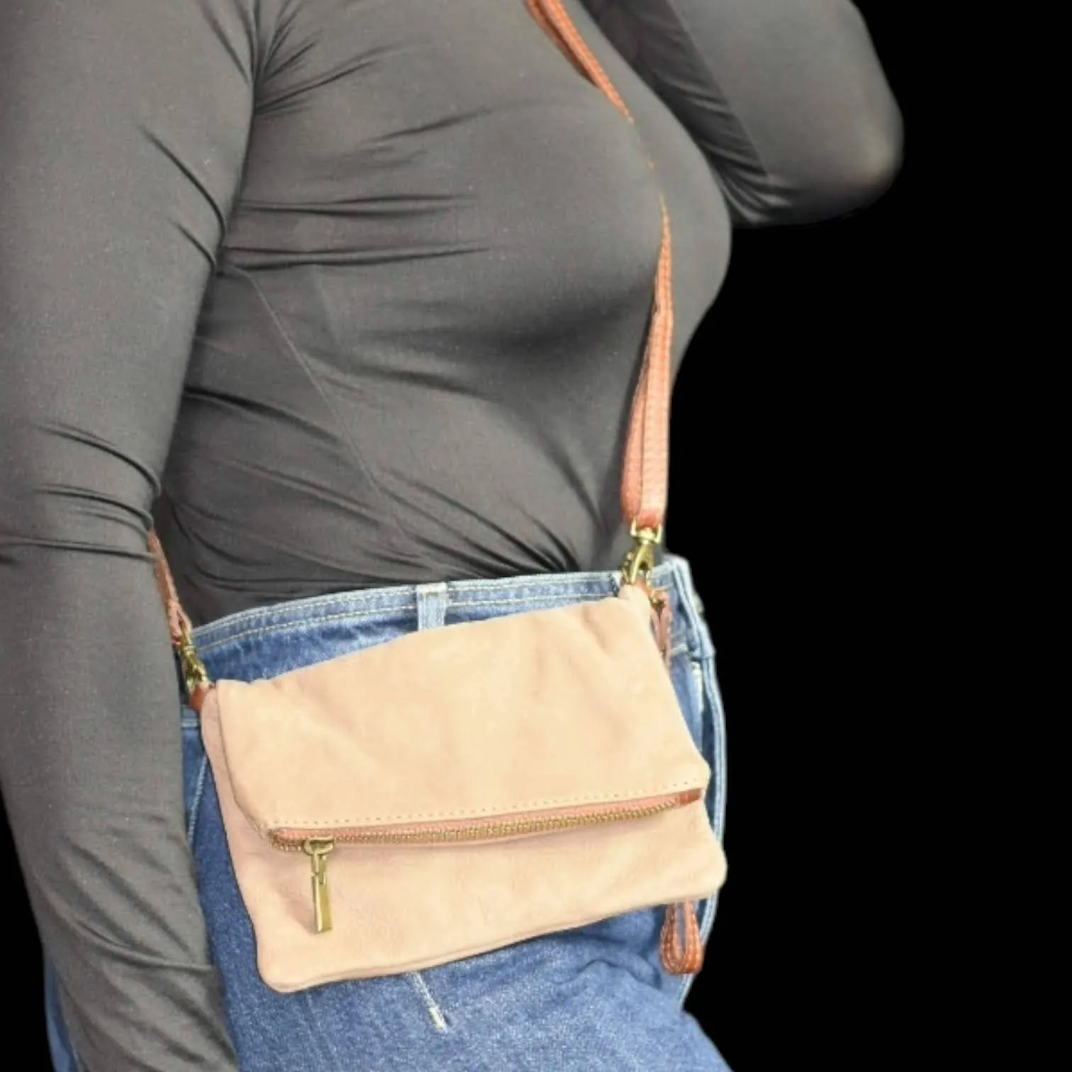 Toscana Foldover Convertible Bag Crossbody Brown Leather Minimalist Clutch Pouch