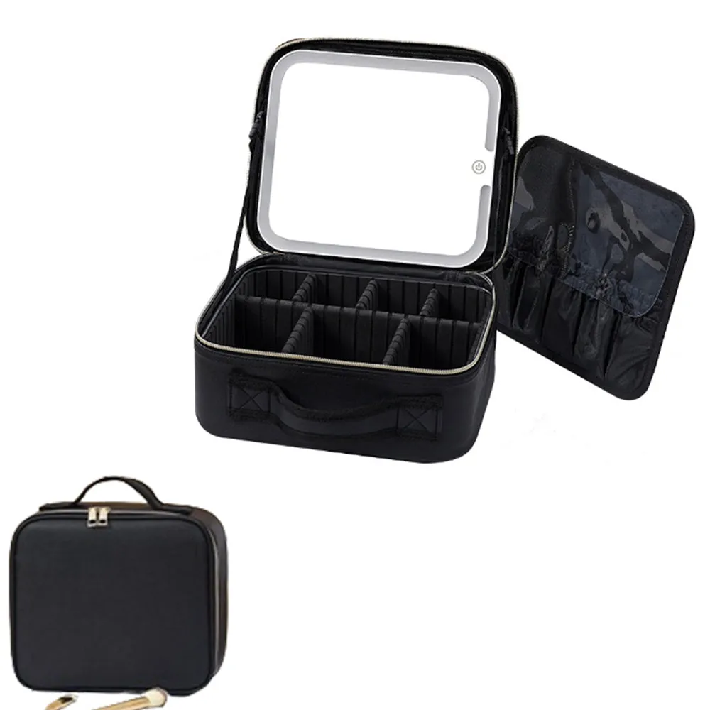 Travel Makeup Bag with Lighted Mirror Cosmetic Train Case with Adjustable Dividers Black