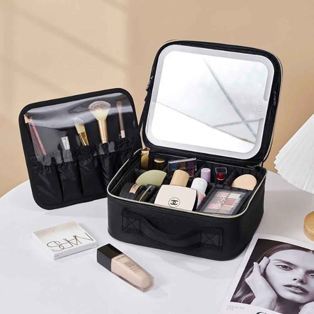 Travel Makeup Bag with Lighted Mirror Cosmetic Train Case with Adjustable Dividers Black