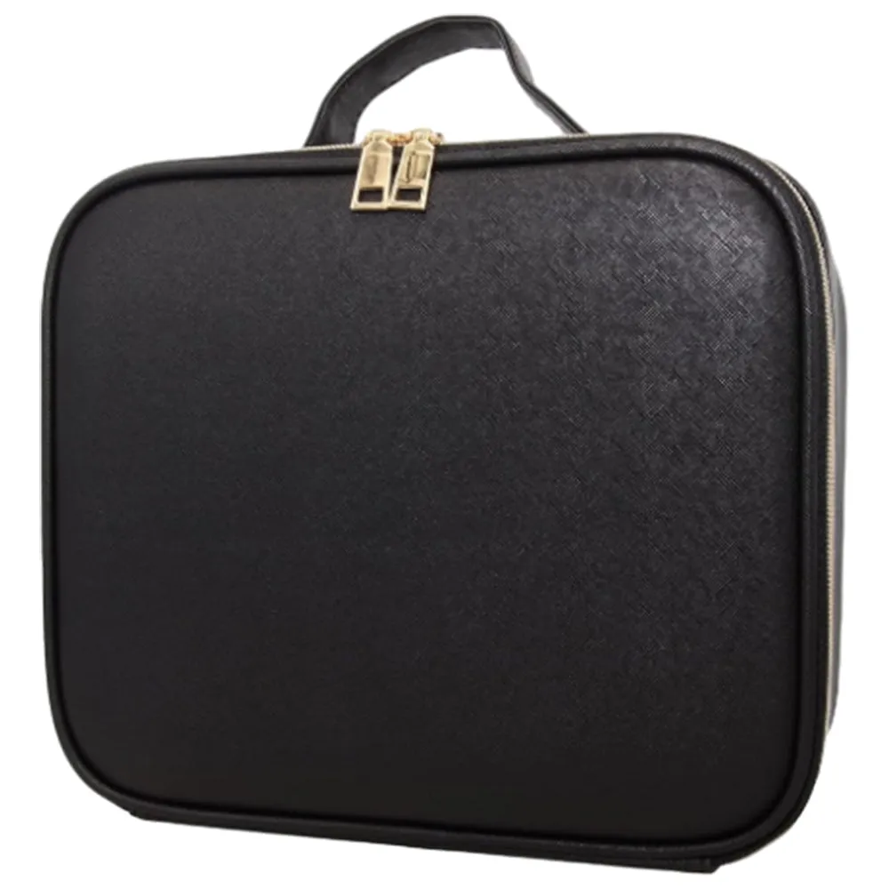 Travel Makeup Bag with Lighted Mirror Cosmetic Train Case with Adjustable Dividers Black