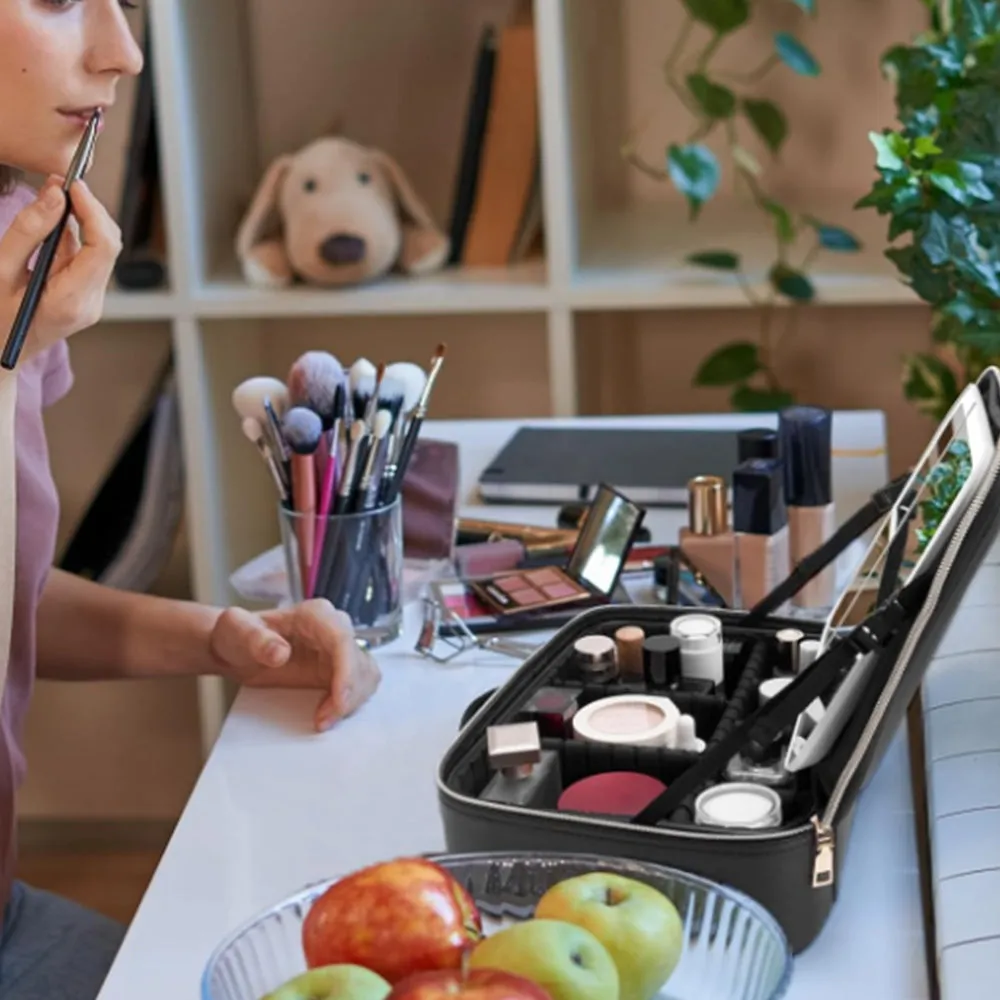 Travel Makeup Bag with Lighted Mirror Cosmetic Train Case with Adjustable Dividers Black