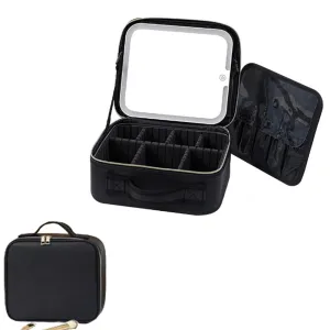 Travel Makeup Bag with Lighted Mirror Cosmetic Train Case with Adjustable Dividers Black