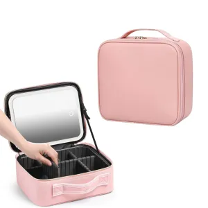 Travel Makeup Bag with Lighted Mirror Cosmetic Train Case with Adjustable Dividers Pink