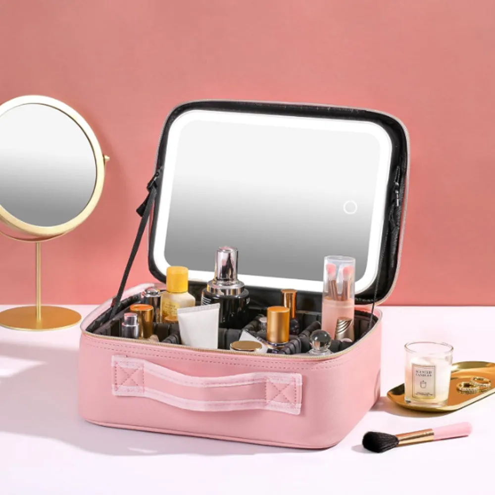 Travel Makeup Bag with Lighted Mirror Cosmetic Train Case with Adjustable Dividers Pink