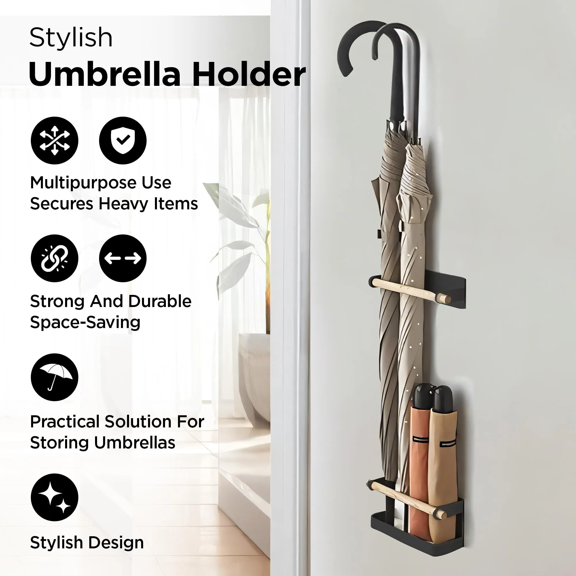 UMAI Umbrella Stand For Home (9cm) | Wooden Umbrella Holder | Wall Mounted Storage Organizer | Home Storage Organizer | Umbrella Storage Rack | Home Organizer Items Stand For Umbrella