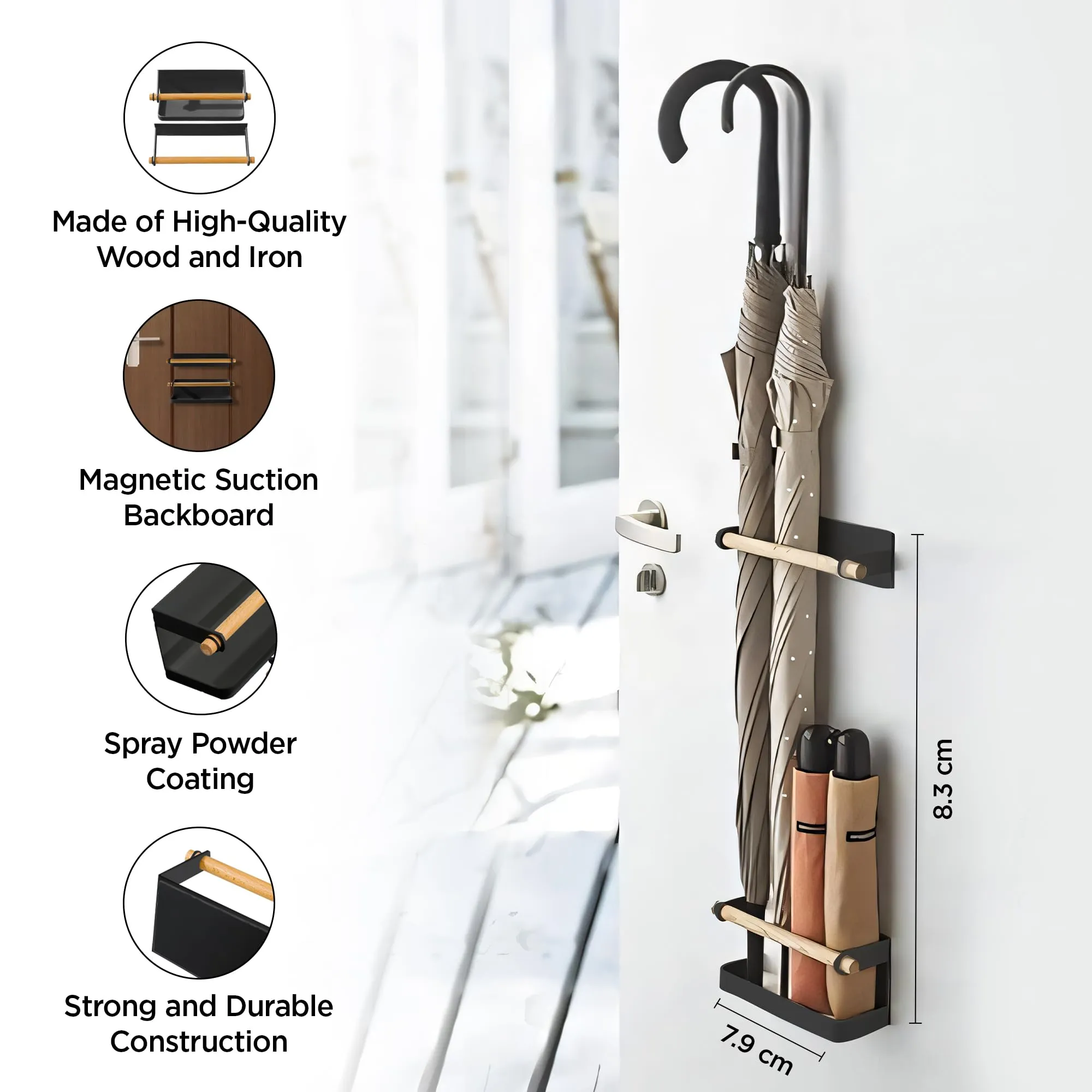 UMAI Umbrella Stand For Home (9cm) | Wooden Umbrella Holder | Wall Mounted Storage Organizer | Home Storage Organizer | Umbrella Storage Rack | Home Organizer Items Stand For Umbrella