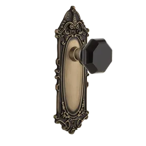 Victorian Long Plate with Black Waldorf Knob in Antique Brass