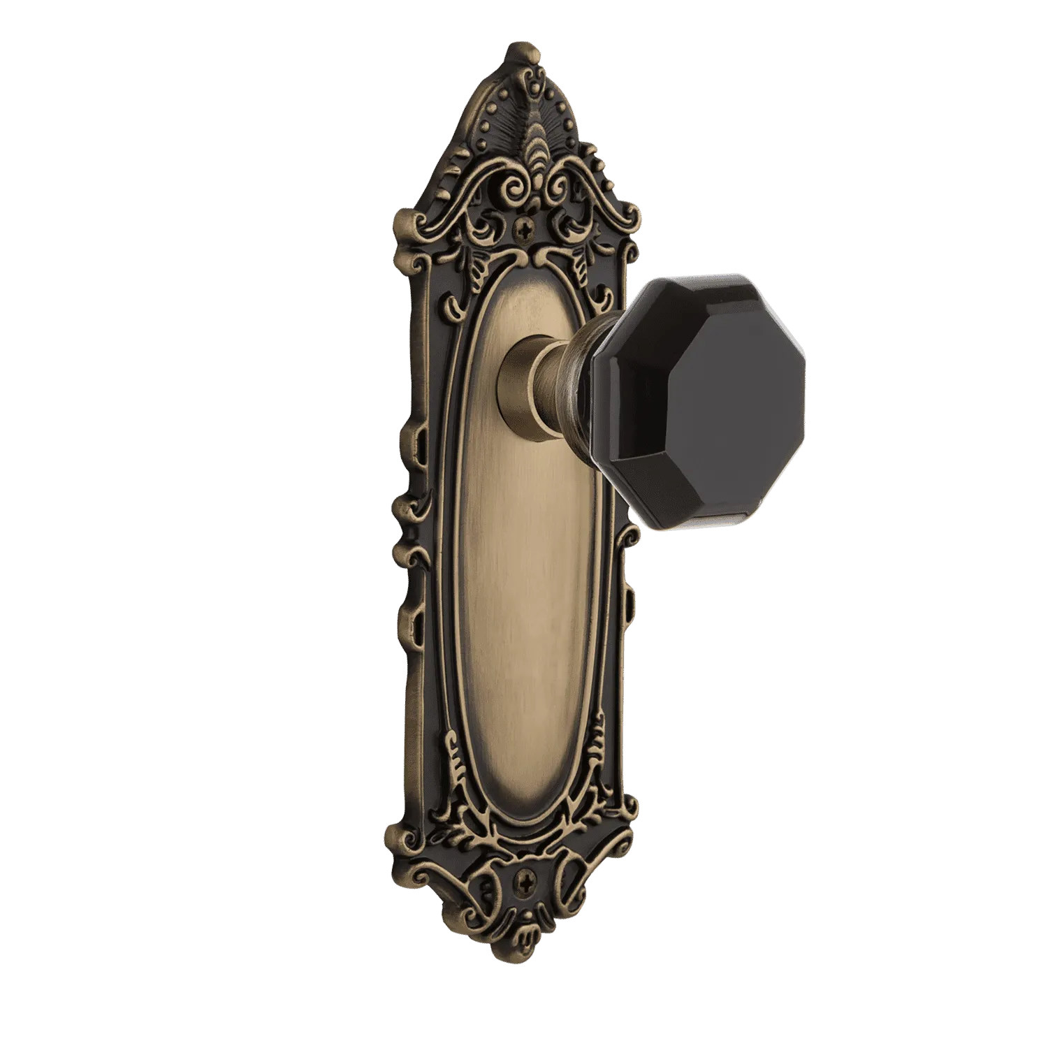 Victorian Long Plate with Black Waldorf Knob in Antique Brass