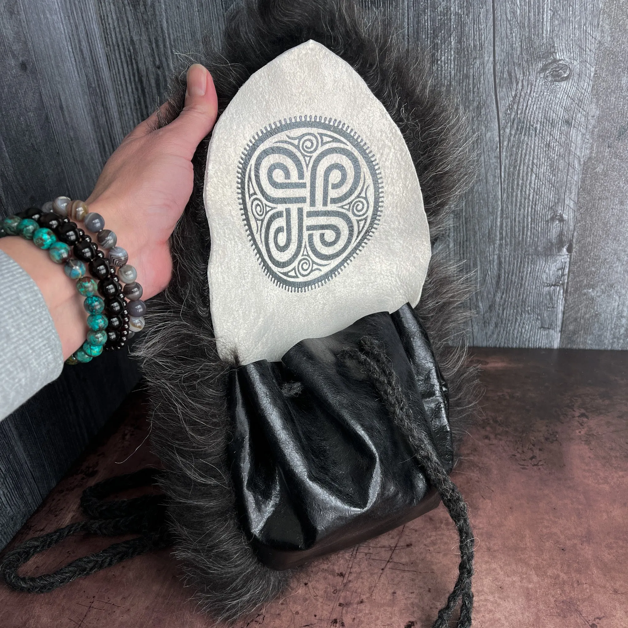 Viking Belt Pouch Skinnfell - Black and Gray Four Blessings - Cross Body Bag or Purse
