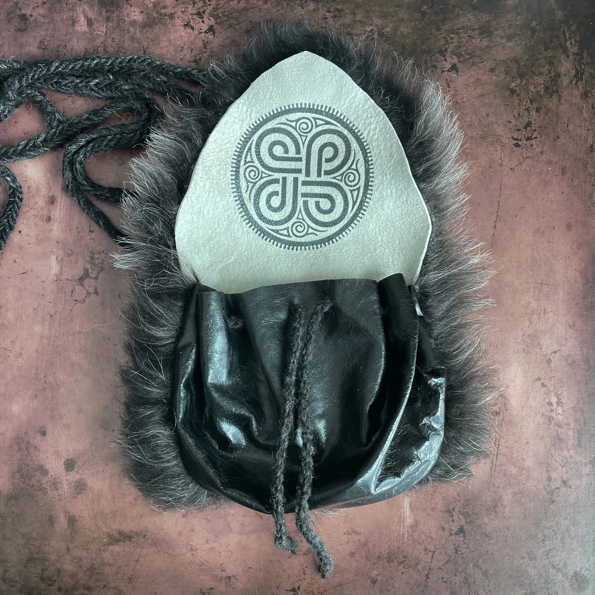 Viking Belt Pouch Skinnfell - Black and Gray Four Blessings - Cross Body Bag or Purse
