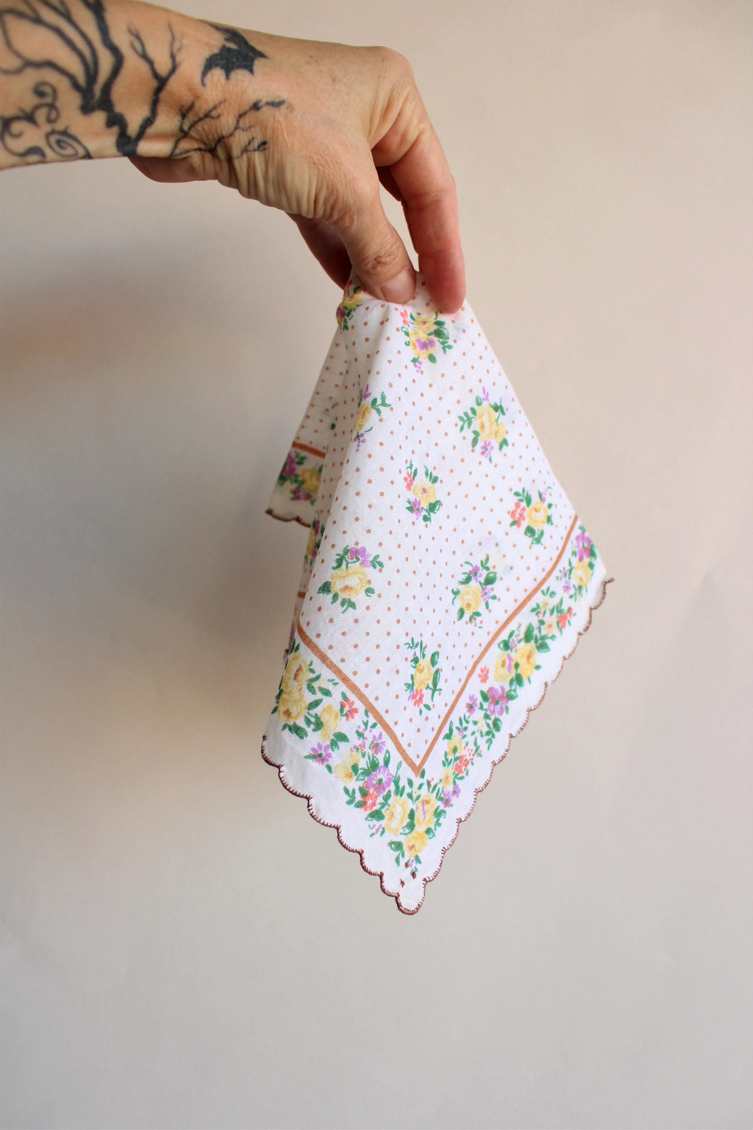Vintage Cotton Hankie with a Pale Yellow Rose Print