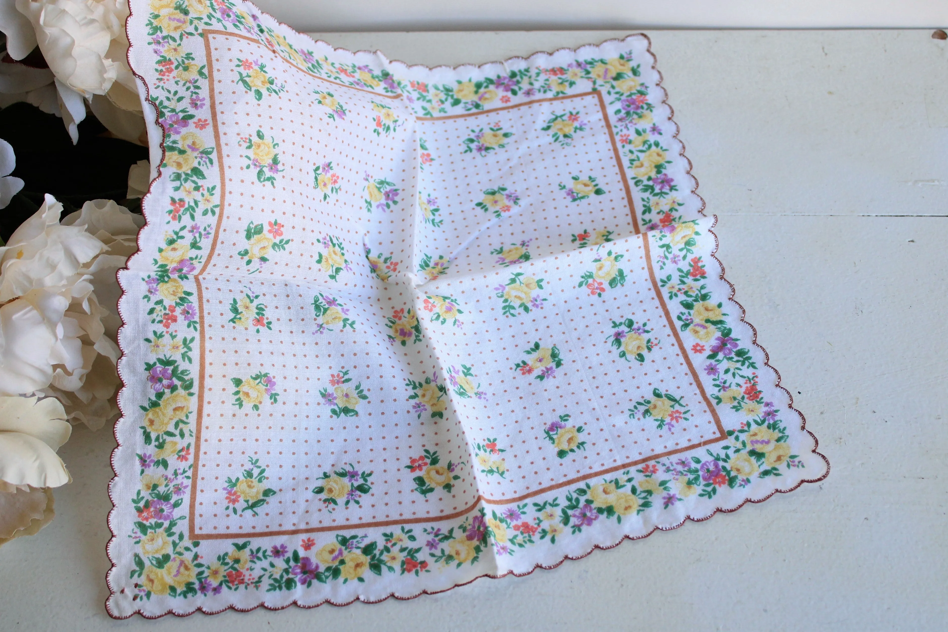 Vintage Cotton Hankie with a Pale Yellow Rose Print