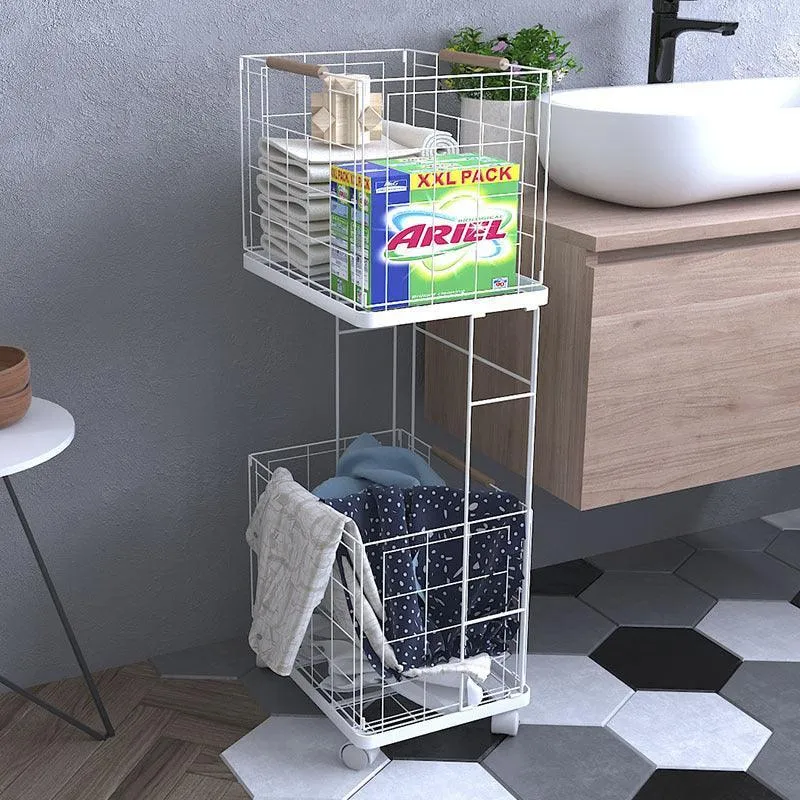 White Carbon Steel Standing Laundry Basket Rack | Storage Holder Stand For Home Organizer